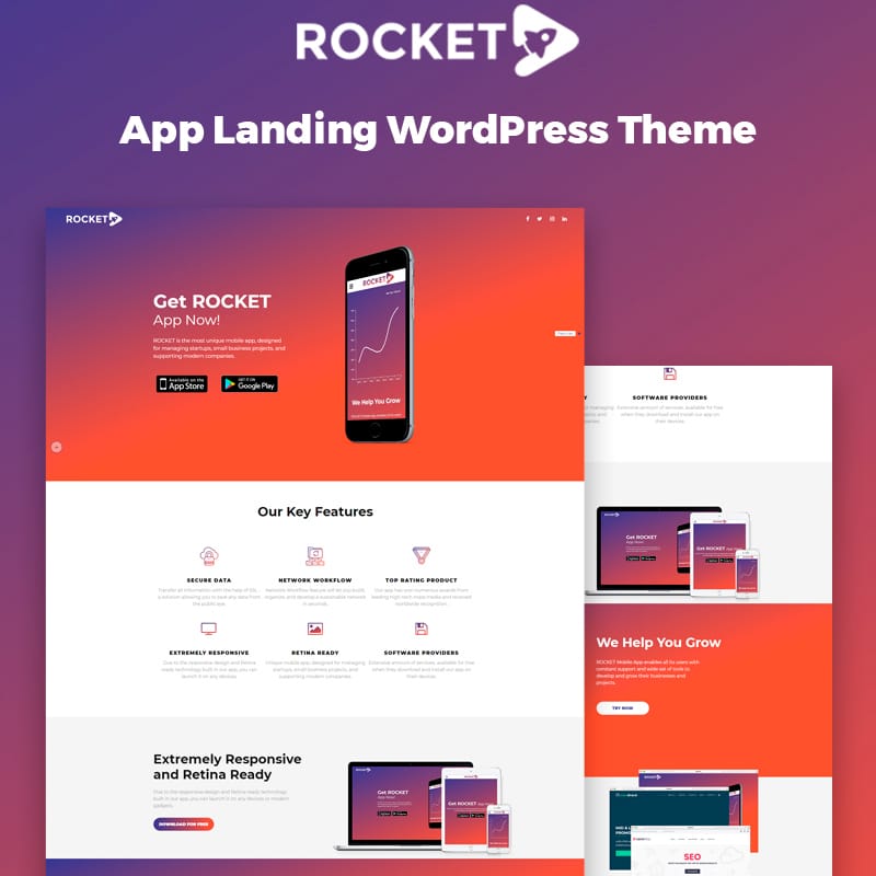 WordPress шаблон Rocket - Mobile App Landing Page